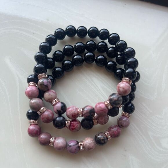 Rose coral jasper rhodonite obsidian ONE stretch bracket NEW handmade rhinestone - Picture 2 of 11
